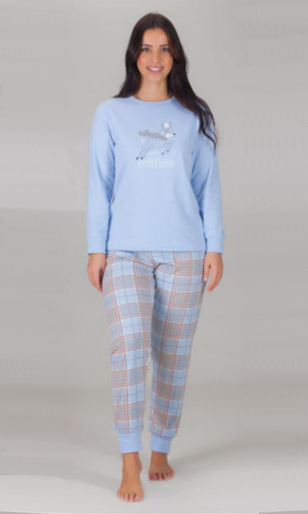Pijama mujer invierno azul cuello redondo