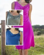 Vestido azul marino con escote drapeado y detalle anilla dorada